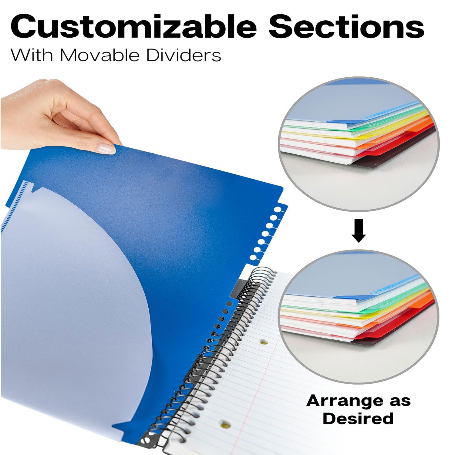 2Pcs 5 Subject Notebook College Ruled Spiral Notebook Journal with Removable Dividers Tabs 300 Pages 8.5"x11" 5 Pocket Colored Dividers, 3-Hole Punched Paper for Work Women Black