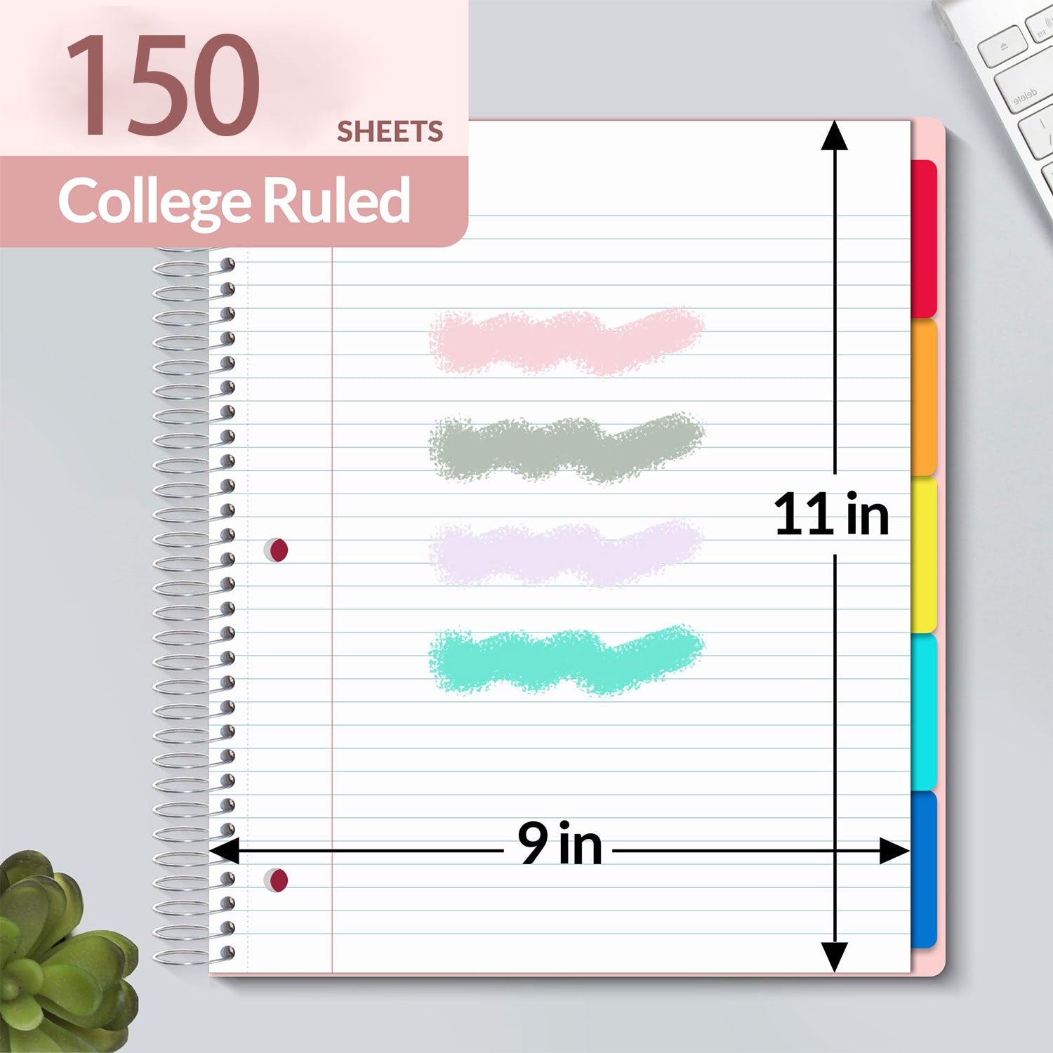 5 Subject Notebook College Ruled Spiral Notebook Journal with Removable Dividers Tabs 300 Pages 8.5"x11" 5 Pocket Colored Dividers, 3-Hole Punched Paper for Work Women Pink