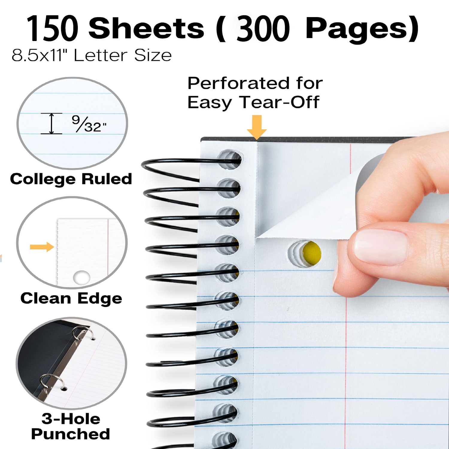 3 Subject Notebook College Ruled 8.5"x11" Spiral Notebook 150 Sheets (300 Pages) with Tabs, Movable Dividers, Storage Pockets, Protective Plastic Covers Black