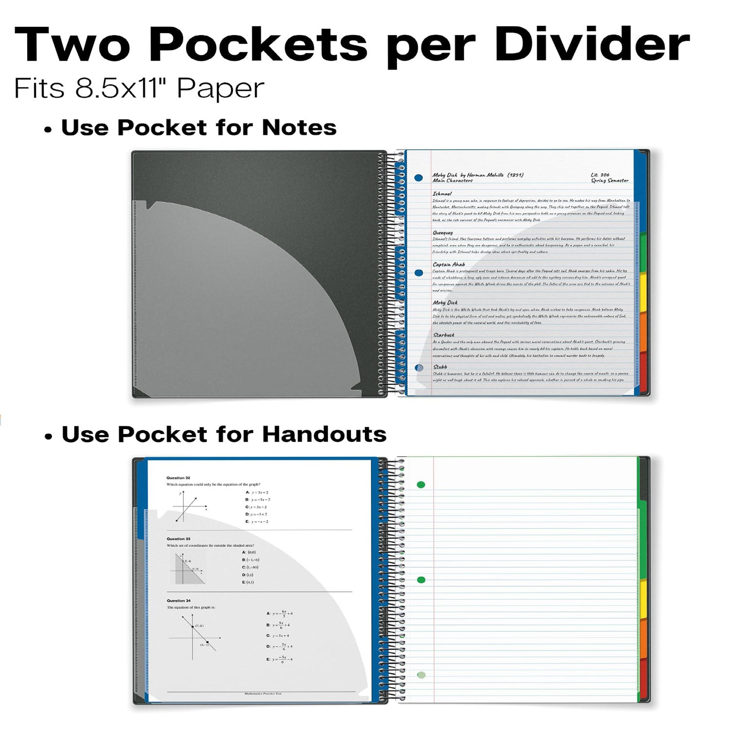 3 Subject Notebook College Ruled 8.5"x11" Spiral Notebook 150 Sheets (300 Pages) with Tabs, Movable Dividers, Storage Pockets, Protective Plastic Covers Black
