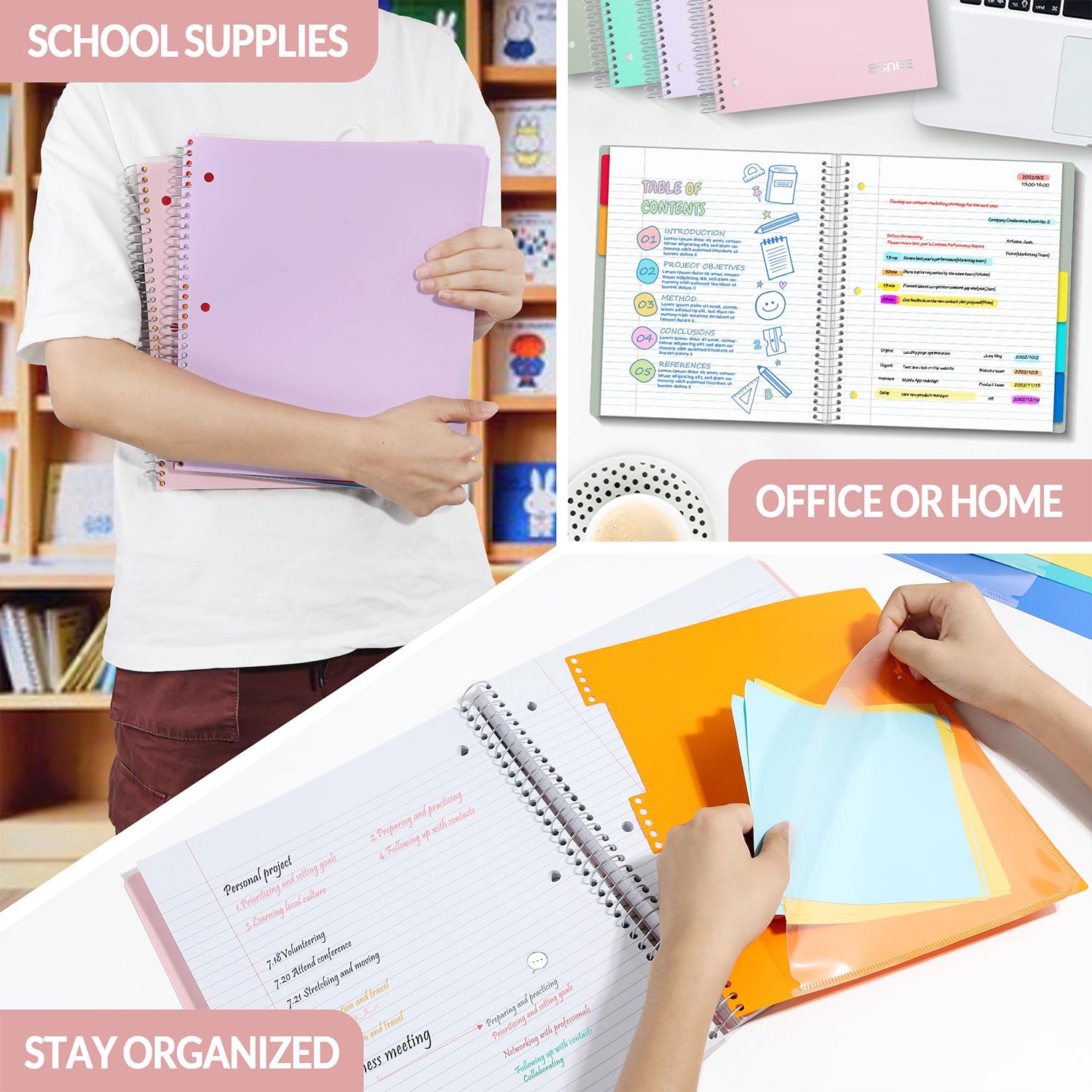 3 Ring Binder 1 inch + 5 Subject Notebook College Ruled 400 Pages, 5 Color Pocket Dividers, Letter Size, Office Combo,Pink