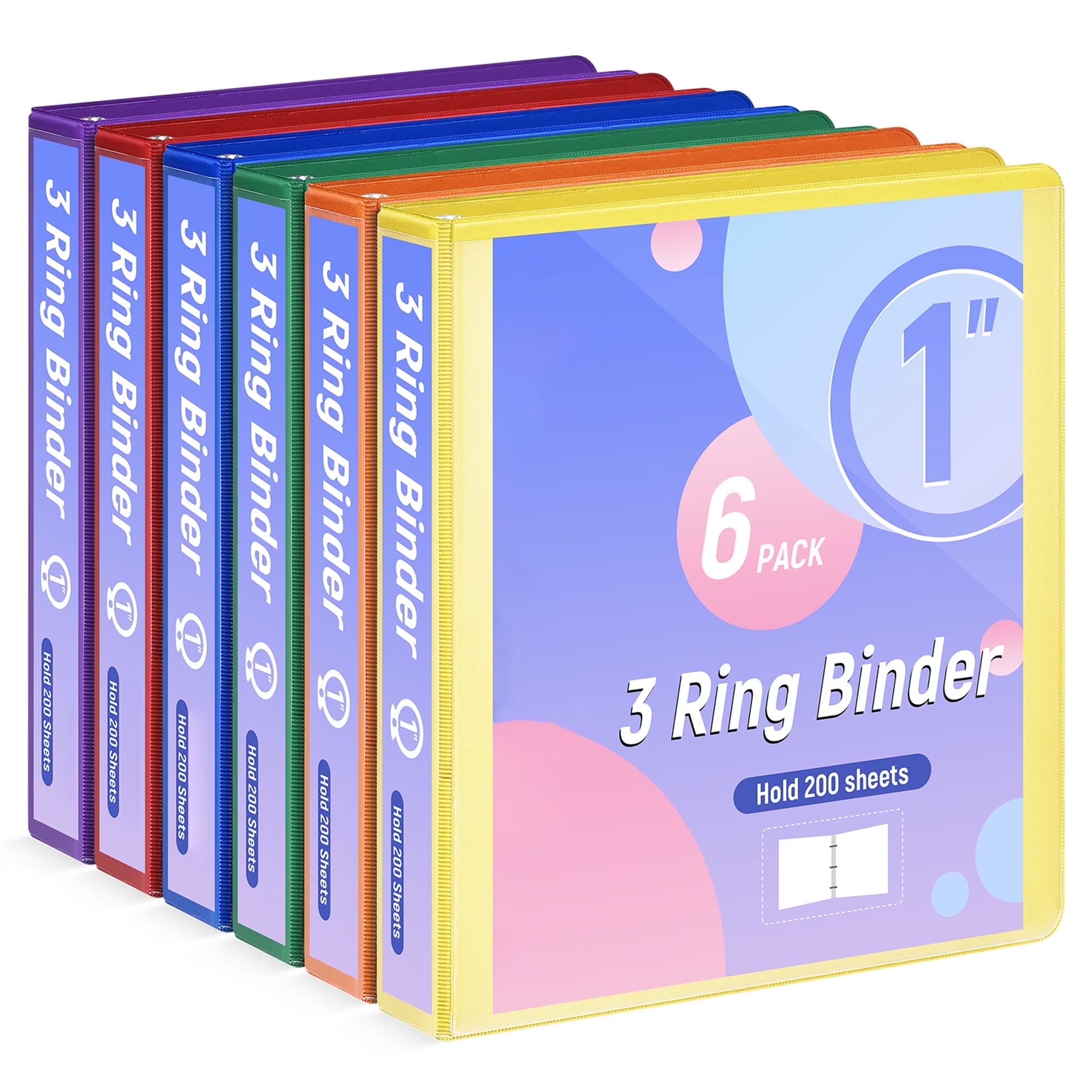 3 Ring Binder 1 inch,Notebook Binders Holds 200 Sheets of Letter Size School Paper Organizer with Pockets 6 Pack PVC-Free Assorted Pastel Colors View