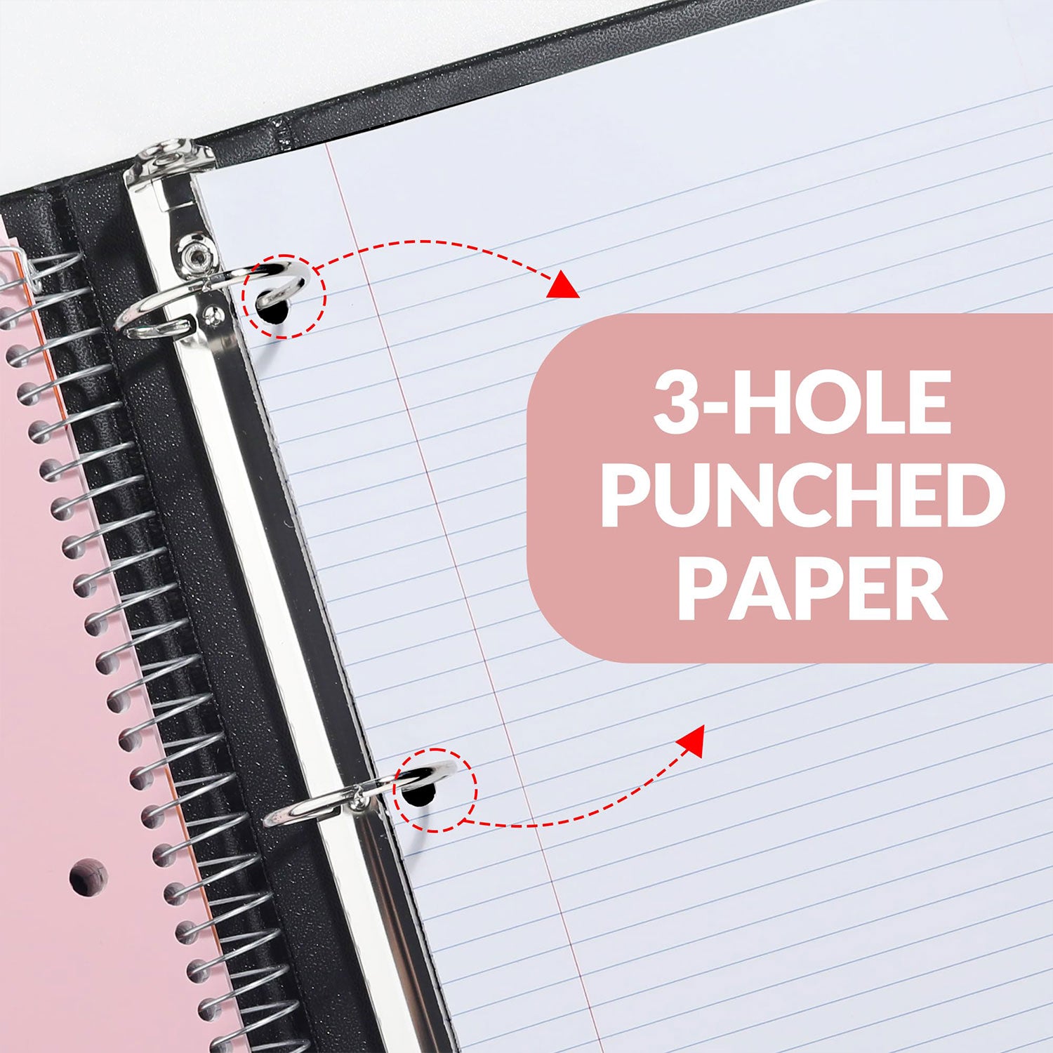 3 Ring Binder 1 inch + 5 Subject Notebook College Ruled 400 Pages, 5 Color Pocket Dividers, Letter Size, Office Combo,Pink