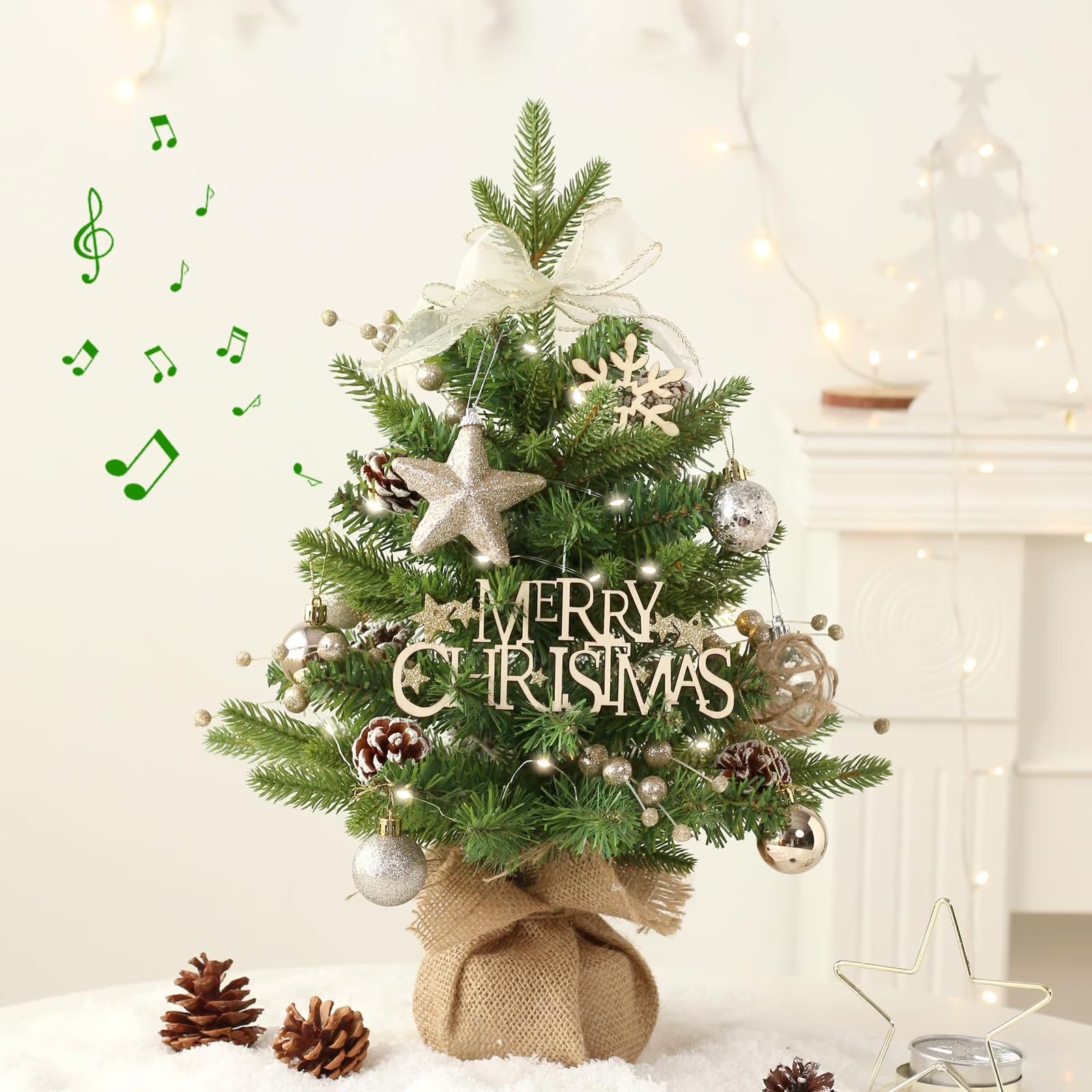 18 inch Mini Christmas Tree Green Tabletop Xmas Tree with Rotating Music & Ornaments Desktop Christmas Decoration Set with Ornaments for Indoor Outdoor Use
