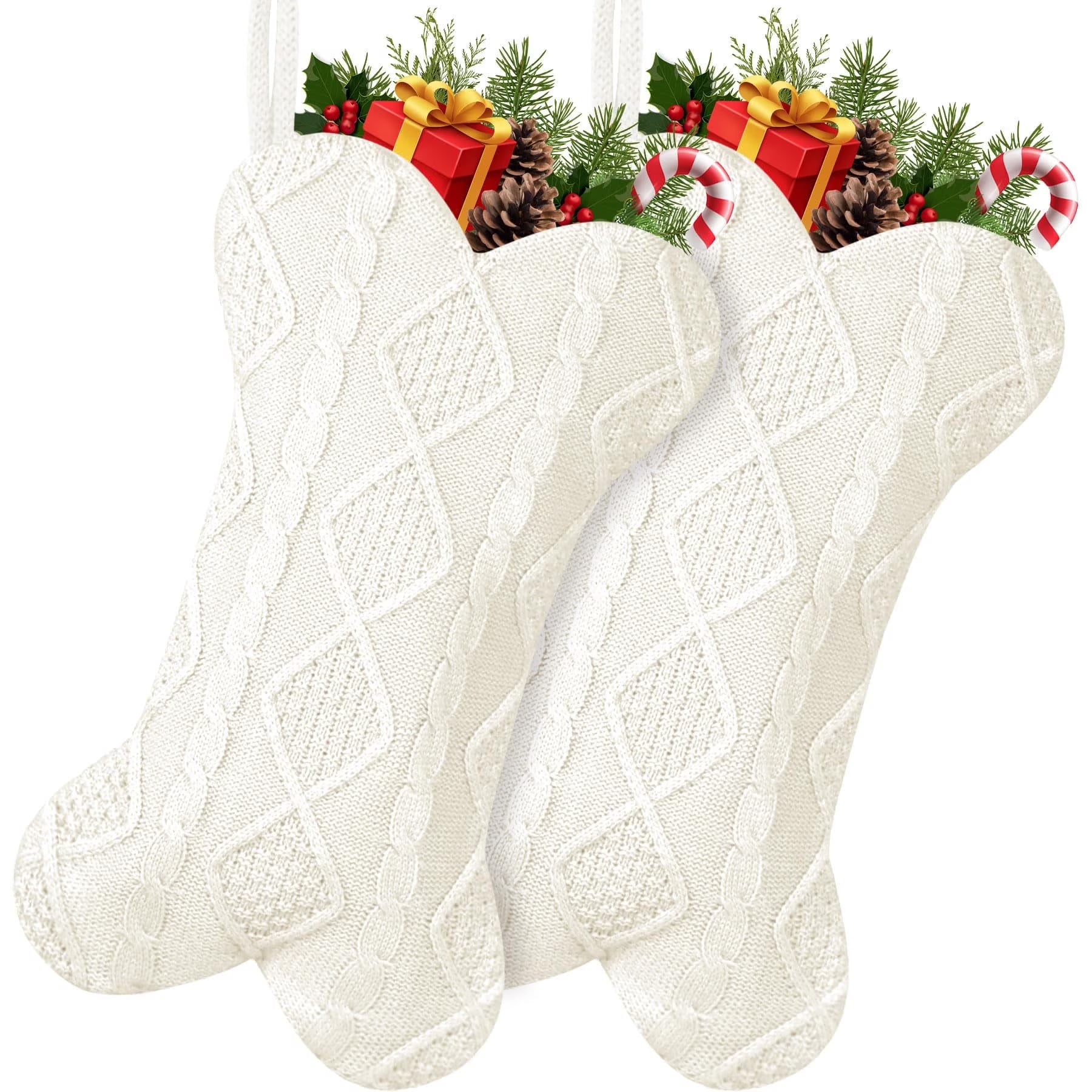 18 Inches Christmas Stocking Cute Christmas Decorations Indoor Personalized Stockings Fireplace Knitted Xmas Stockings for Holiday Christmas Decoration White,2Pcs