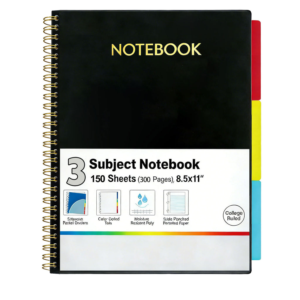 3 Subject Notebook College Ruled 8.5"x11" Spiral Notebook 150 Sheets (300 Pages) with Tabs, Movable Dividers, Storage Pockets, Protective Plastic Covers Black